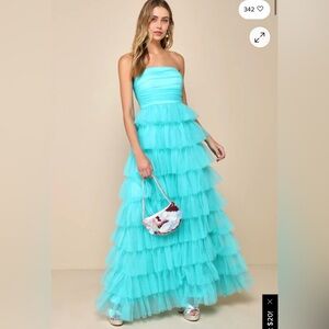 Lulus Fabulous Existence Teal Green Tulle Strapless Tiered Maxi Dress XS NWT